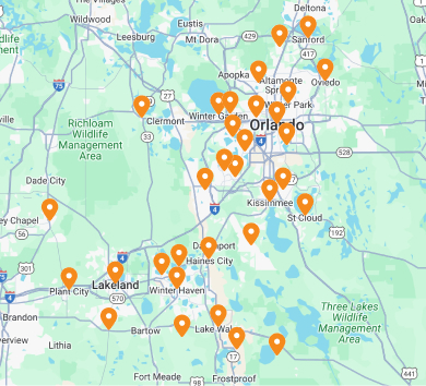 Image of a map of Orlando and nearby cities including Lakeland and Sanford.