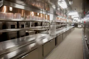 Commercial kitchen with stainless steel appliances